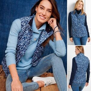 TALBOTS Quilted Vest Leopard Print Fleece Lined  Flap Pockets Snap Buttons Zip